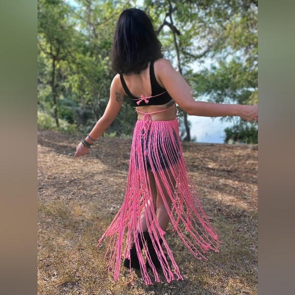 Handmade Macreme Boho Festival Fringe Dress Pink - Picture 4 of 5
